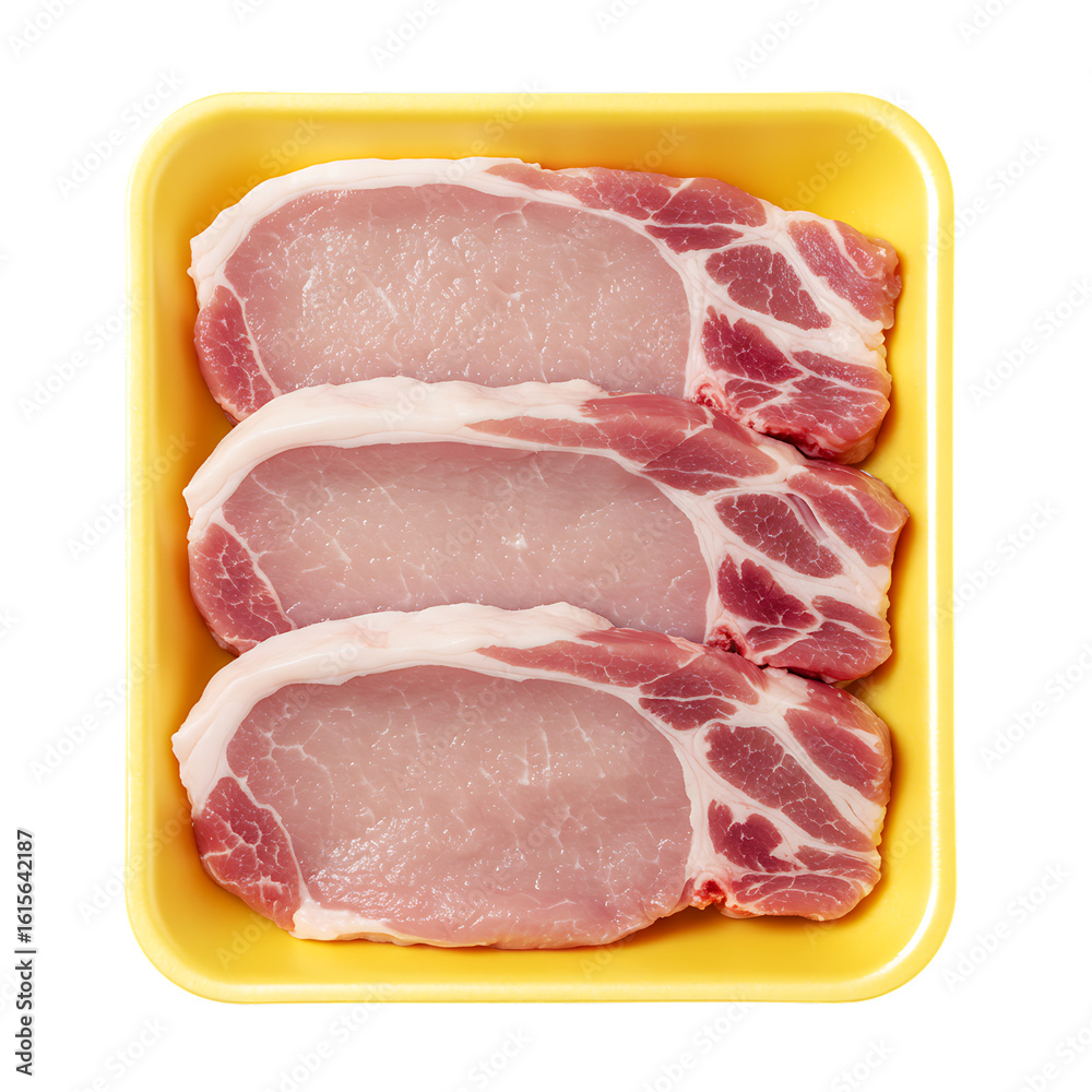 Fototapeta premium Raw Pork Cutlets Packed in Plastic Container Isolated