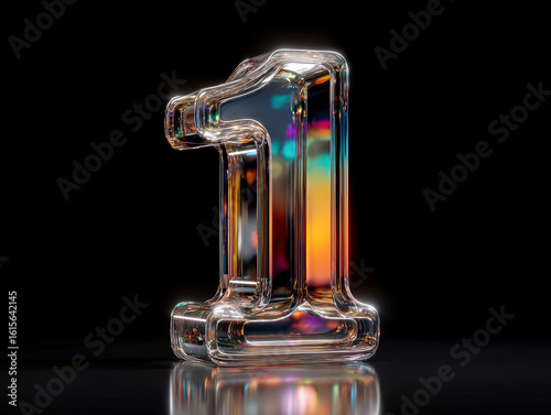 Mirrored chrome 3D number 1 with iridescent, transparent encasement on black background Reflects ambient colored lights, creating a vibrant halo Number appears illuminated from belo - AI-Generated