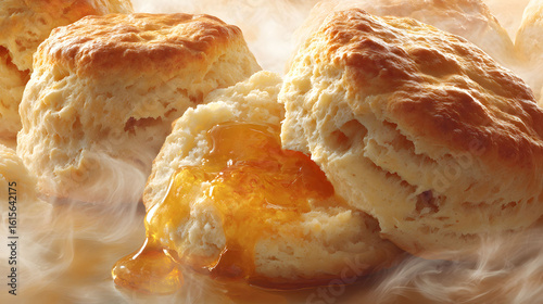 Golden Brown Buttery Biscuits with Sweet Jam Filling and Steam