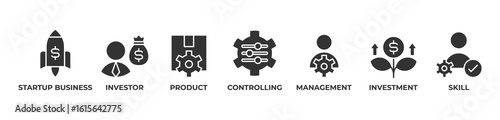 Startup Success Framework Icons set vector illustration glyph with Startup business, Investor, Product, Controlling, Management, Investment, Skill 