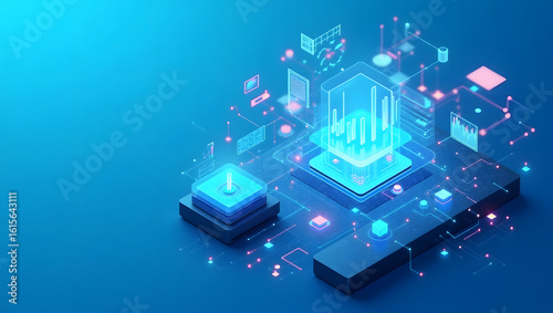 Futuristic isometric illustration of a glowing central processing unit, representing big data, cloud computing, and AI technology