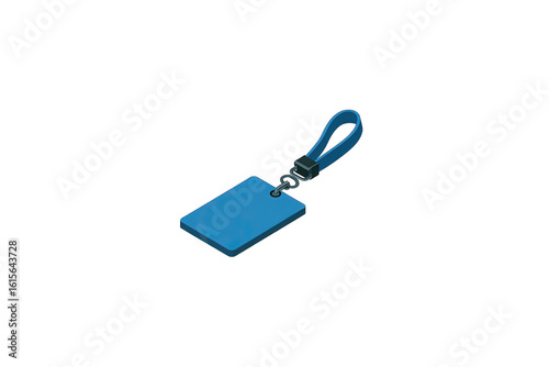 Blue rectangular ID tag on a lanyard