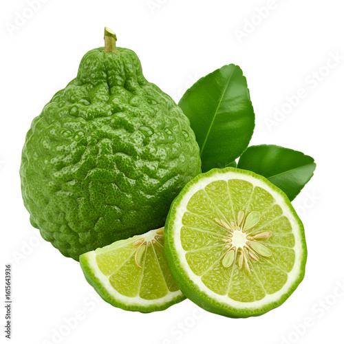 Isolated Bergamot Fruit Illustration With Slices And Fresh Green Leaves