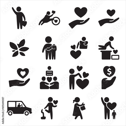 Support and Donation Icons, Solid Style Fundraising and Social Care Vector Set