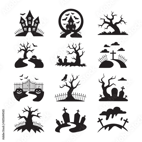 Vector art of a series of black and white halloween landscape icons depicting haunted houses, spooky trees, and graves
