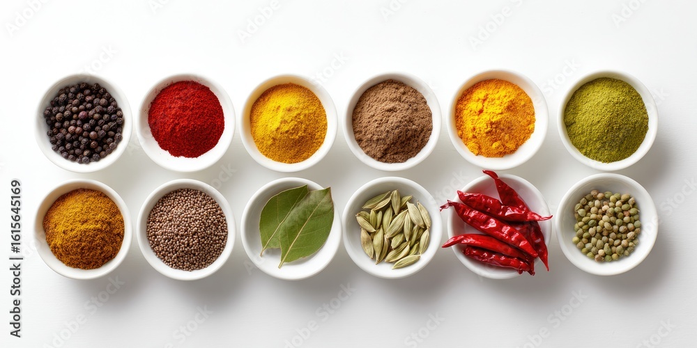 Naklejka premium Colorful spices in small white bowls on a white surface