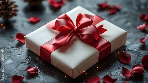 Elegant wrapped gift box with red ribbon bow