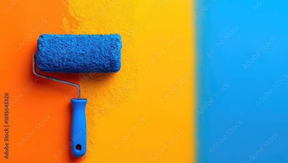 Obraz premium Blue paint roller on a vibrant orange and blue background.