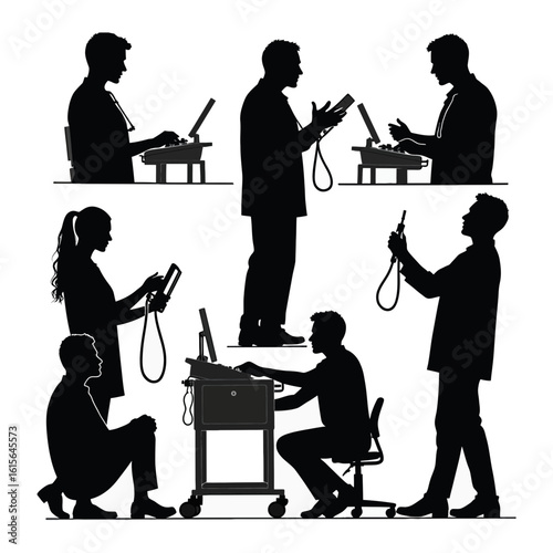 Medical team of doctors and nurses vector silhouettes Group of healthcare workers in scrubs with stethoscopes for hospital or clinic concepts