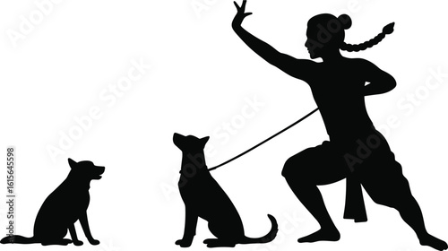 Silhouette of man training dogs in obedience pose, leash in hand, gesture command, loyal pets, discipline, teamwork, communication, animal training, dog sitting silhouette