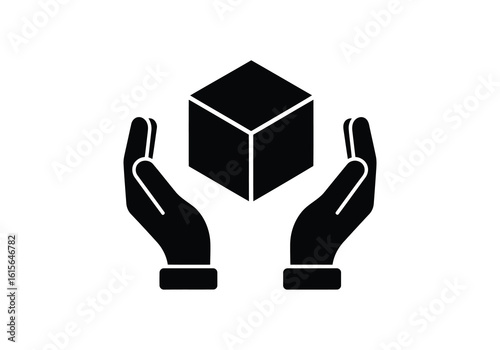 Vector art of black and white icon of hands carefully holding a cube