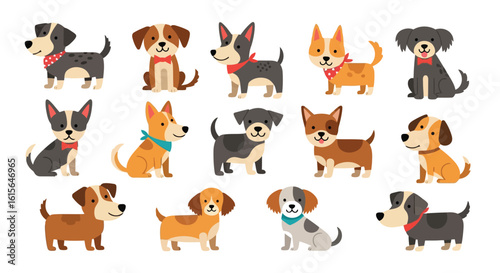 Vector art of a collection of various cute cartoon puppies of different breeds