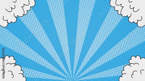 Halftone sunray style blue comic background with clouds on the edge. Suitable for comics, prints, posters, etc.