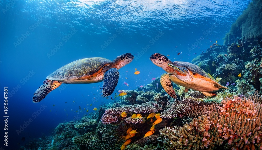 Fototapeta premium sea turtle paradise two majestic sea turtles glide gracefully through a vibrant coral reef surrounded by colorful fish capturing the breathtaking beauty and biodiversity of the underwater world
