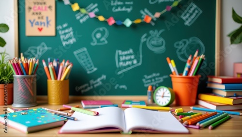 Colorful school supplies arranged on a wooden table.