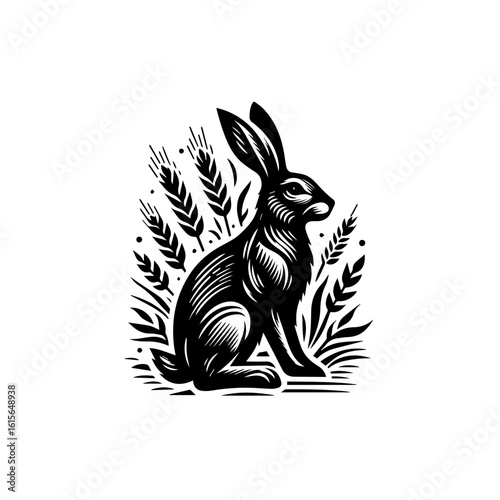 Black Silhouette of a Rabbit Sitting Amidst Wheat Stalks.