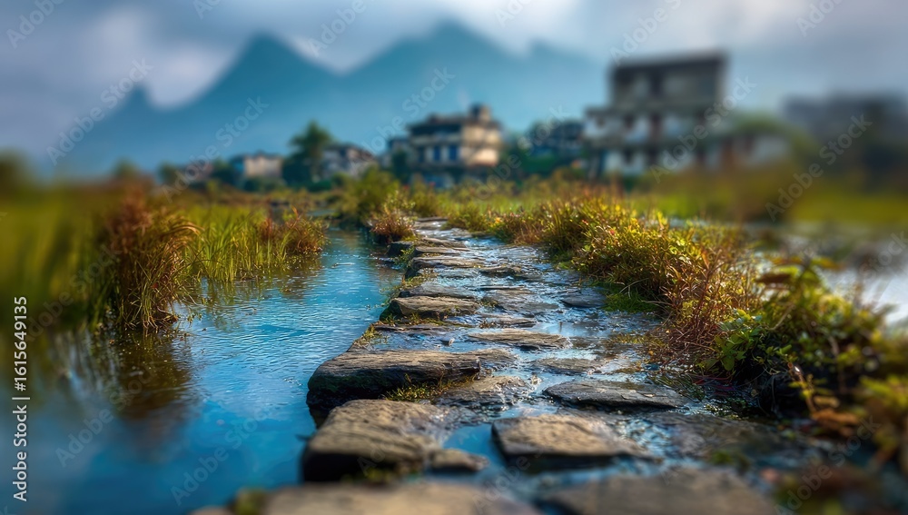 Naklejka premium A stone path winds through a tranquil rural waterway.
