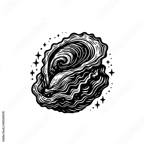 Detailed Black and White Illustration of an Oyster with Swirling Patterns and Stars.