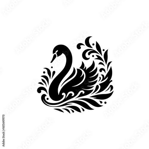 Elegant Black Swan with Ornate Swirling Floral Embellishments.