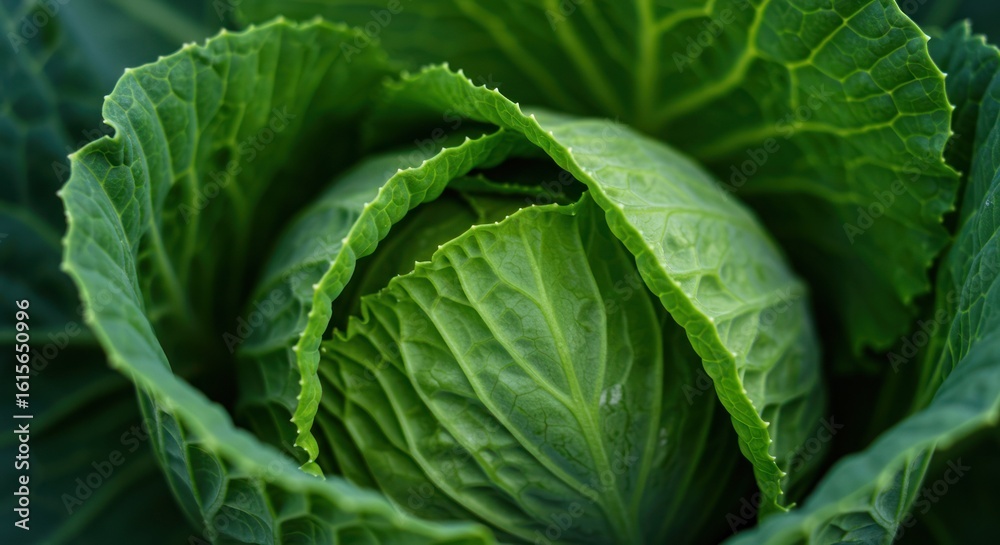 Fototapeta premium Close-up of a fresh, vibrant green cabbage head in the field