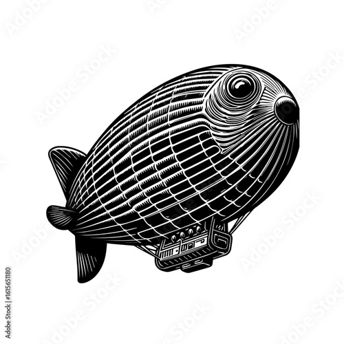 Intricate Black and White Illustration of a Vintage Dirigible Airship.