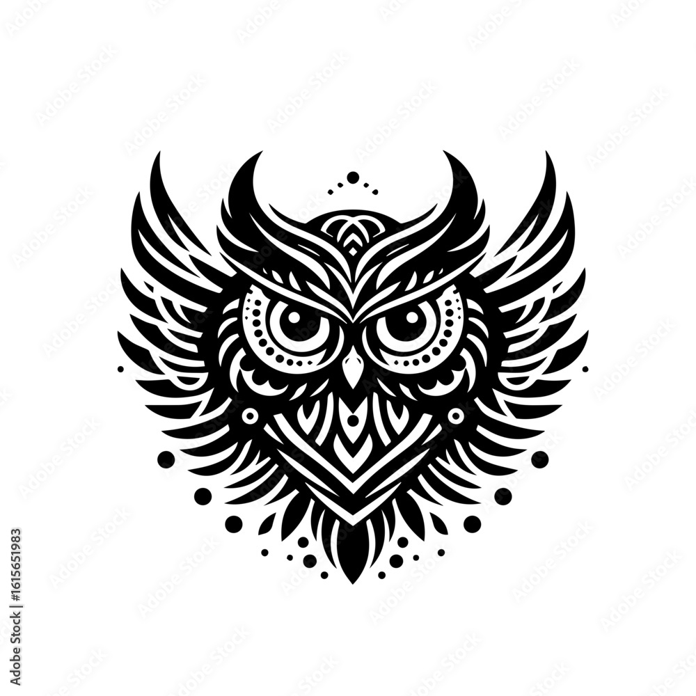 Naklejka premium Intricate Black and White Stylized Owl with Elaborate Wings and Feather Details.