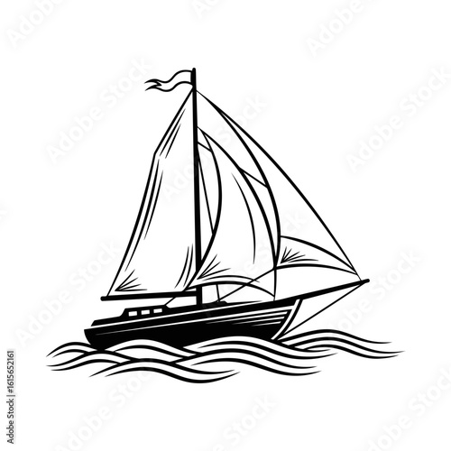Vector art of a classic sailboat gracefully sailing on the wavy sea, a timeless symbol of nautical adventure and maritime exploration