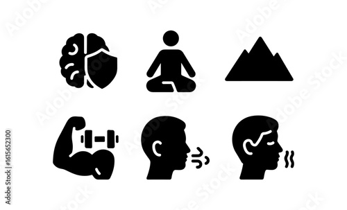 Bold silhouette icons: brain health, meditation, mountains, strength, breathing