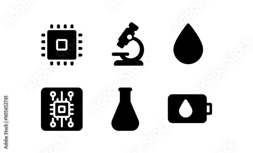 Silhouette icons of technology and science elements including microchip and microscope