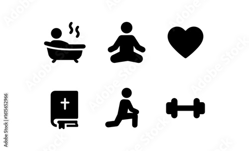 Silhouette icons of wellness and fitness activities with heart and book symbol