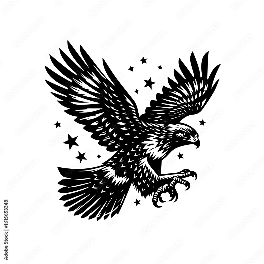 Fototapeta premium Majestic Black Eagle Descending with Sharp Talons and Stars.