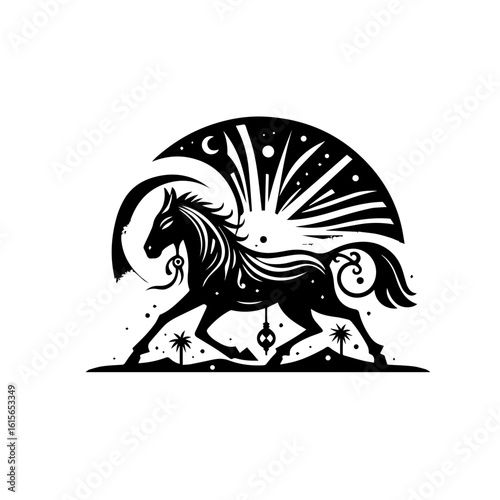 Majestic Black Horse Silhouette with Celestial and Desert Elements.