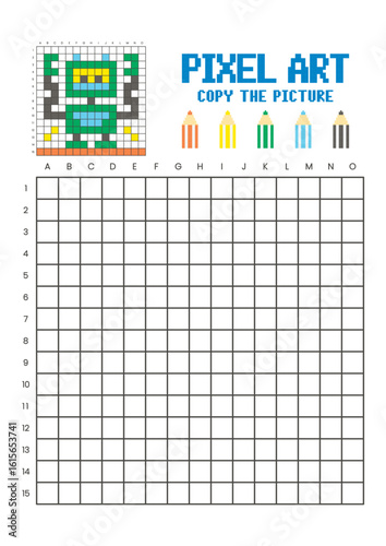 Copy the picture grid drawing worksheet for kids. Pixel art robot