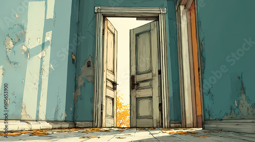 Door halfway open against blocked hallway, frame fractured diagonally across perspective. Illustration