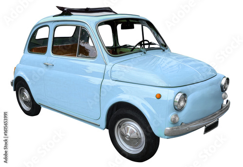 Old vintage blue microcar, isolated on transparent background.