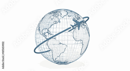 Conceptual Illustration of Global Travel, Airplane Flying Around a Globe on a White Background