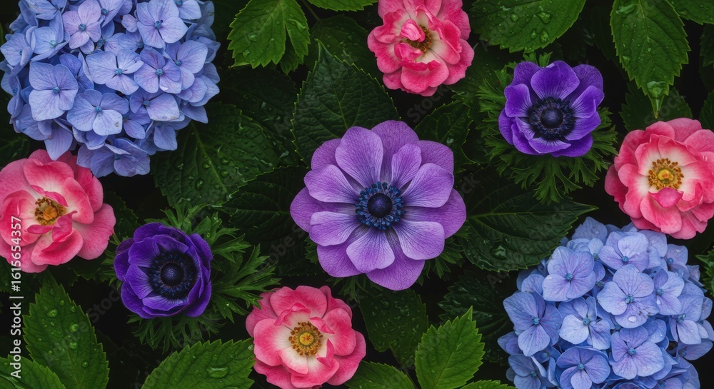 Obraz premium Top view of a macro floral background featuring roses, anemones, and hydrangeas, along with green leaves and isolated dewdrops – Aesthetic floral texture