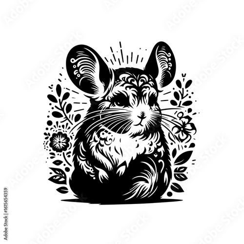 Ornate Black and White Chinchilla Portrait with Floral Accents.