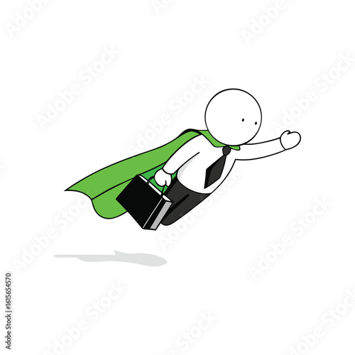Cartoon businessman with a green cape flying through the air holding a briefcase representing success achievement and exceeding expectations in a simple and illustrative style