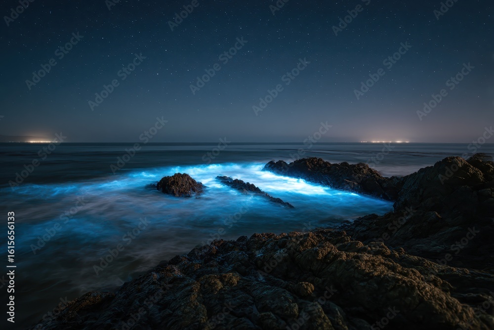 Obraz premium Moonlit ocean with bioluminescent waves