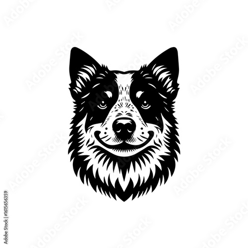 Stylized Black and White Border Collie Dog Head Emblem.