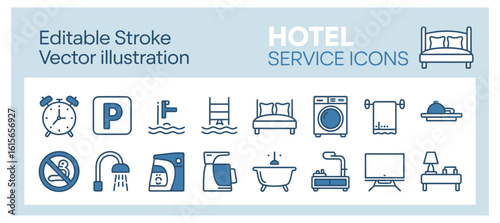 Vector art of hotel service icons vector illustration featuring bed, alarm clock, parking, pool, washing machine, towel, room service, shower, coffee, kettle, bathtub, treadmill, tv, and lamp
