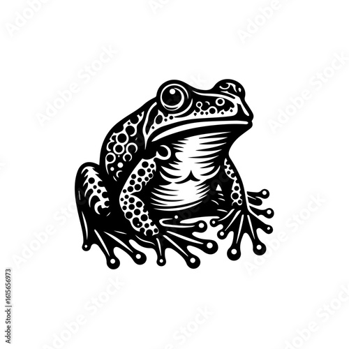 Stylized Black and White Frog with Intricate Patterns and Textures.