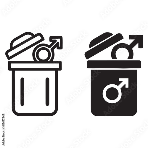 Male gender symbol discarded in trash can concepts