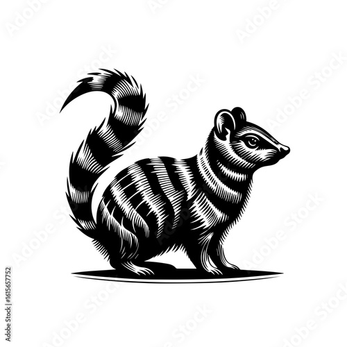 Stylized Black and White Illustration of a Striped Mammal with Bushy Tail.