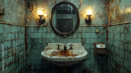 A grimy and abandoned public restroom with a cracked, rusty mirror and a filthy sink, highlighting a sense of urban decay and neglect