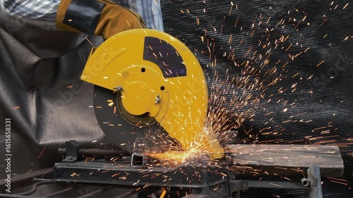 Close-up view of yellow chop saw cutting through square metal tube with bright sparks flying, operator's gloved hand visible, showcasing high-intensity industrial work in outdoor environment