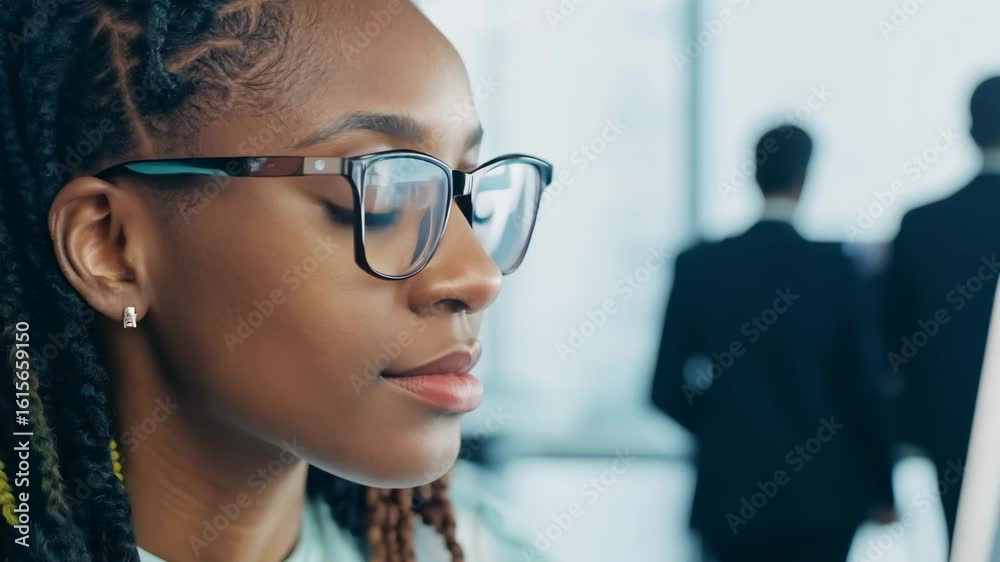 Young African American woman with multi colored dread locks in front of laptop monitor in office. The young woman with vibrant dreadlocks focuses on her laptop, embodying creativity in the office.