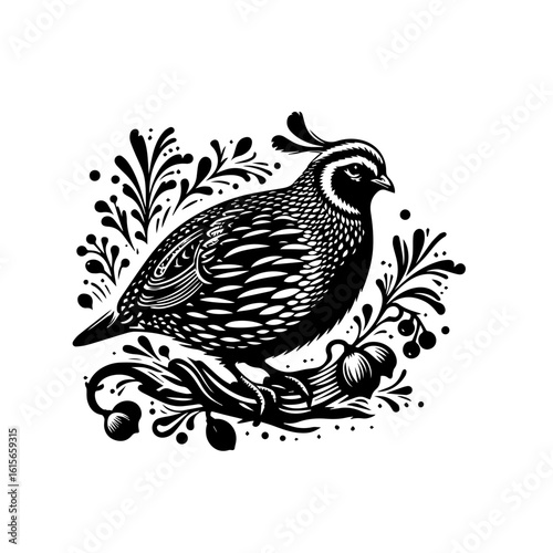 Stylized Black and White Quail Perched on Decorative Branch with Foliage.