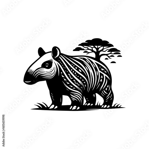 Wallpaper Mural Stylized Black and White Tapir with Decorative Patterns and Tree Silhouette. Torontodigital.ca